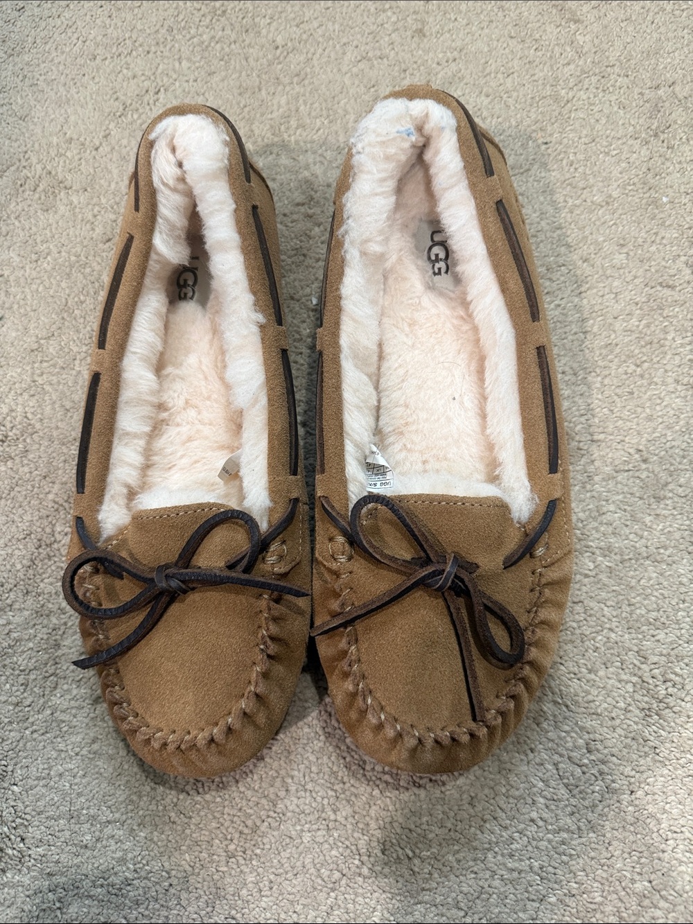 UGG Women's Chestnut/Tan Suede Moccasin Slippers with Bow